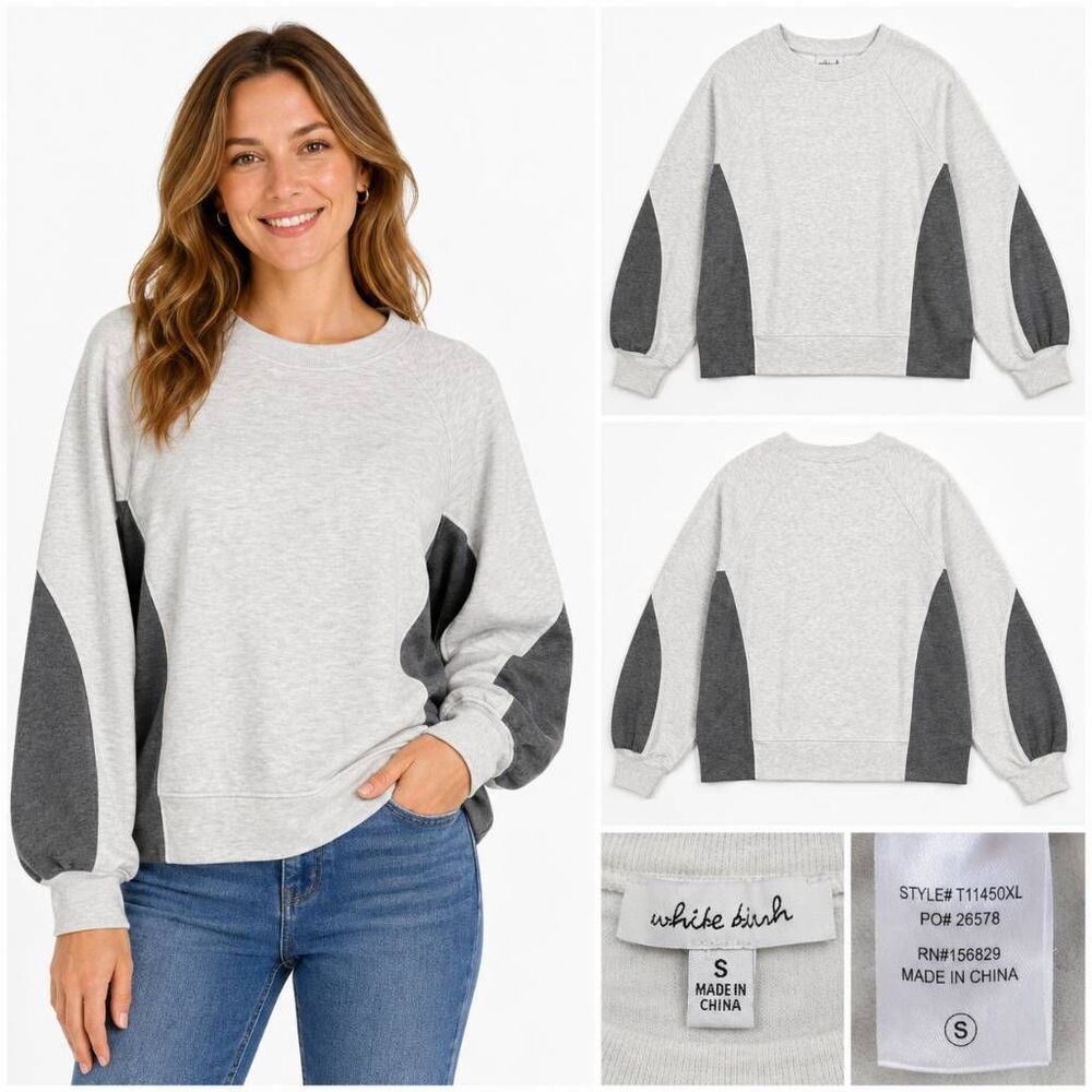 White Birch S Gray Colorblock Crewneck Sweatshirt